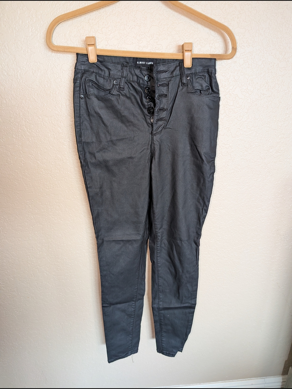 Almost Famous Charcoal Black Button-Fly Skinny Jeans With Waxed Finish